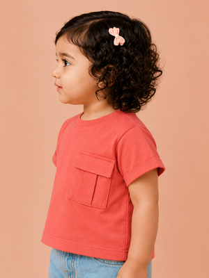 Girls Peach Pocket T Shirt Kidswear Cotton Stylish Comfortable Outfit BloomUp