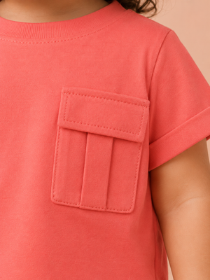 Girls Peach Pocket T Shirt Kidswear Cotton Stylish Comfortable Outfit BloomUp
