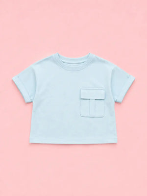 BloomUp Girls Sky Blue Pocket Detail Cotton T-Shirt – Casual Half Sleeve Kids Tee