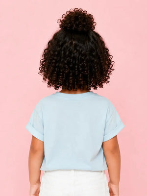 BloomUp Girls Sky Blue Pocket Detail Cotton T-Shirt – Casual Half Sleeve Kids Tee