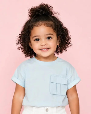 BloomUp Girls Sky Blue Pocket Detail Cotton T-Shirt – Casual Half Sleeve Kids Tee