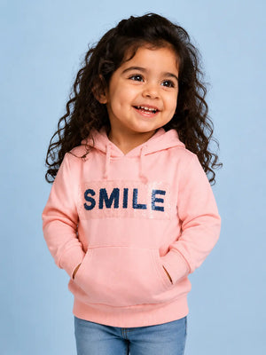 BloomUp Pink “Smile” Graphic Hoodie for Kids – Soft Cotton Winter Wear Pullover Sweatshirt