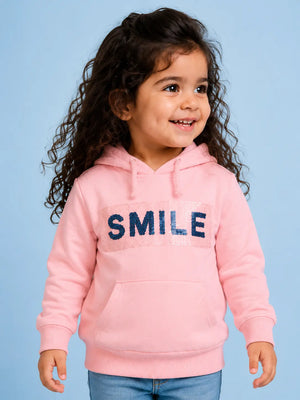 BloomUp Pink “Smile” Graphic Hoodie for Kids – Soft Cotton Winter Wear Pullover Sweatshirt