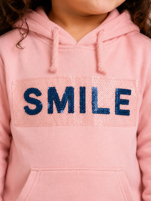 BloomUp Pink “Smile” Graphic Hoodie for Kids – Soft Cotton Winter Wear Pullover Sweatshirt