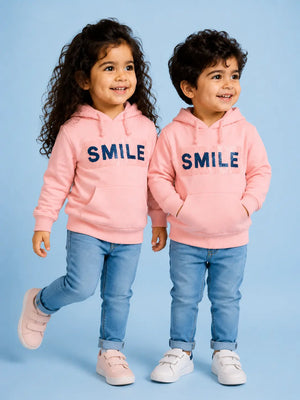 BloomUp Pink “Smile” Graphic Hoodie for Kids – Soft Cotton Winter Wear Pullover Sweatshirt