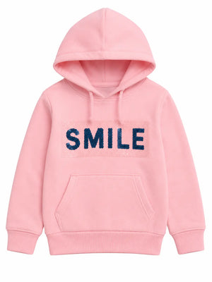 BloomUp Pink “Smile” Graphic Hoodie for Kids – Soft Cotton Winter Wear Pullover Sweatshirt
