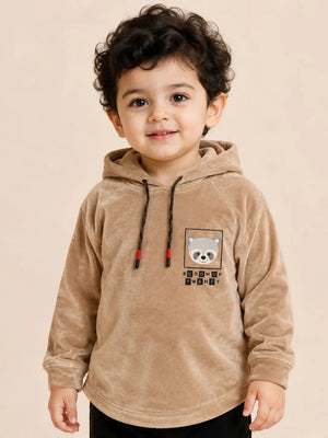 BloomUp Tan Raccoon Graphic Hooded Sweatshirt for Kids – Soft Velour Winter Hoodie for Boys & Girls