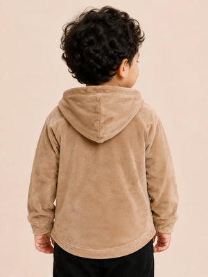 BloomUp Tan Raccoon Graphic Hooded Sweatshirt for Kids – Soft Velour Winter Hoodie for Boys & Girls