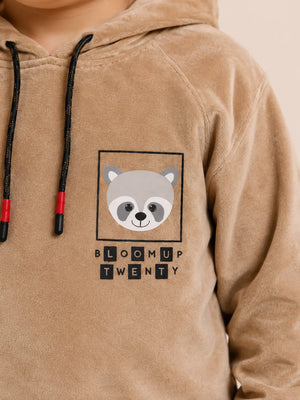 BloomUp Tan Raccoon Graphic Hooded Sweatshirt for Kids – Soft Velour Winter Hoodie for Boys & Girls