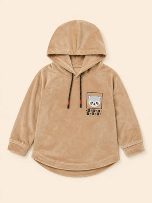 BloomUp Tan Raccoon Graphic Hooded Sweatshirt for Kids – Soft Velour Winter Hoodie for Boys & Girls