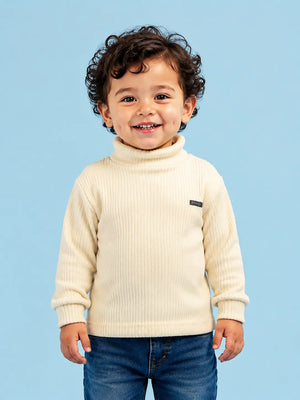 BloomUp Cream Ribbed Turtleneck Sweater for Kids – Soft Knit Winter Wear Full Sleeve Warm Pullover