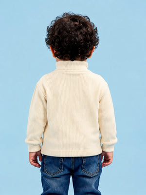 BloomUp Cream Ribbed Turtleneck Sweater for Kids – Soft Knit Winter Wear Full Sleeve Warm Pullover