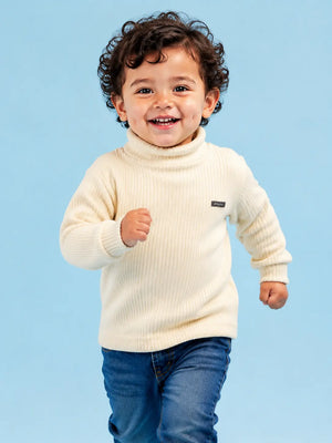 BloomUp Cream Ribbed Turtleneck Sweater for Kids – Soft Knit Winter Wear Full Sleeve Warm Pullover