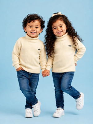 BloomUp Cream Ribbed Turtleneck Sweater for Kids – Soft Knit Winter Wear Full Sleeve Warm Pullover