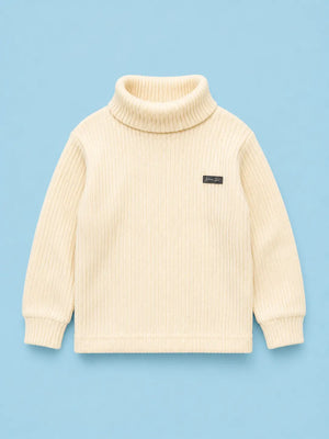 BloomUp Cream Ribbed Turtleneck Sweater for Kids – Soft Knit Winter Wear Full Sleeve Warm Pullover