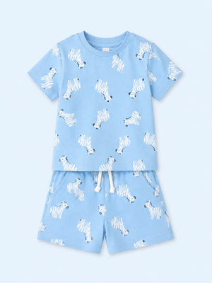 BloomUp Sky Blue Zebra Print Unisex Co-ord Set for Kids – Soft Cotton Casual Summer Outfit