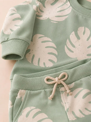 BloomUp Mint Green Leaf Print Sweatshirt & Jogger Set for Kids – Soft Cotton Blend Co-ord Outfit for Boys & Girls