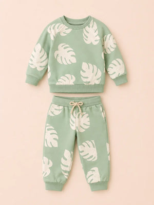 BloomUp Mint Green Leaf Print Sweatshirt & Jogger Set for Kids – Soft Cotton Blend Co-ord Outfit for Boys & Girls