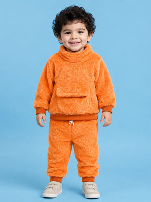 BloomUp Bright Orange Teddy Fleece Co-ord Set for Kids – Plush Winter Sweatshirt & Jogger Pants Outfit