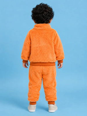 BloomUp Bright Orange Teddy Fleece Co-ord Set for Kids – Plush Winter Sweatshirt & Jogger Pants Outfit
