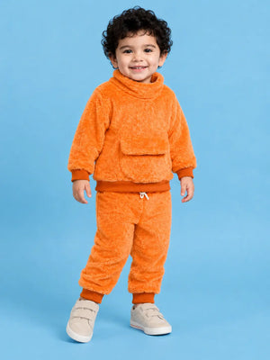 BloomUp Bright Orange Teddy Fleece Co-ord Set for Kids – Plush Winter Sweatshirt & Jogger Pants Outfit