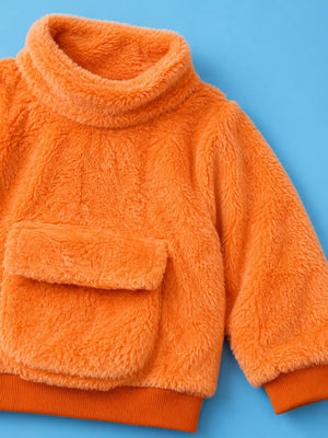 BloomUp Bright Orange Teddy Fleece Co-ord Set for Kids – Plush Winter Sweatshirt & Jogger Pants Outfit