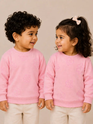 BloomUp Pink All-Over Printed Sweatshirt for Girls – Soft Cotton Fleece Winter Pullover