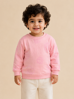 Pink All-Over Printed Sweatshirt for Girls – Soft Cotton Fleece Winter Pullover BloomUp
