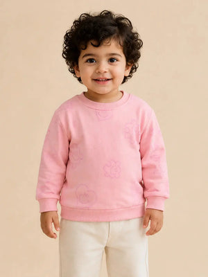 BloomUp Pink All-Over Printed Sweatshirt for Girls – Soft Cotton Fleece Winter Pullover
