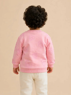 BloomUp Pink All-Over Printed Sweatshirt for Girls – Soft Cotton Fleece Winter Pullover