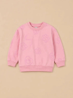 BloomUp Pink All-Over Printed Sweatshirt for Girls – Soft Cotton Fleece Winter Pullover