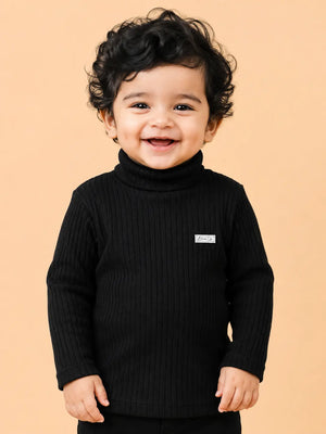 BloomUp Black Ribbed High Neck Full Sleeve T-Shirt for Kids – Soft Winter Turtle Neck Top