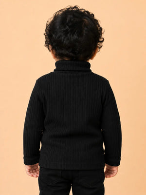 BloomUp Black Ribbed High Neck Full Sleeve T-Shirt for Kids – Soft Winter Turtle Neck Top