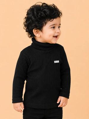 BloomUp Black Ribbed High Neck Full Sleeve T-Shirt for Kids – Soft Winter Turtle Neck Top