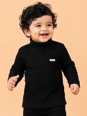 BloomUp Black Ribbed High Neck Full Sleeve T-Shirt for Kids – Soft Winter Turtle Neck Top