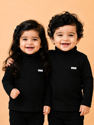 BloomUp Black Ribbed High Neck Full Sleeve T-Shirt for Kids – Soft Winter Turtle Neck Top