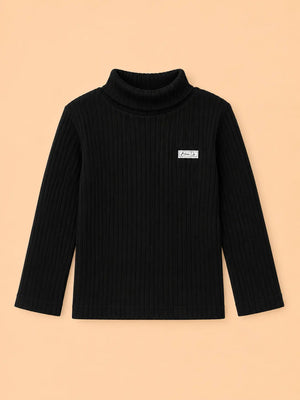 BloomUp Black Ribbed High Neck Full Sleeve T-Shirt for Kids – Soft Winter Turtle Neck Top