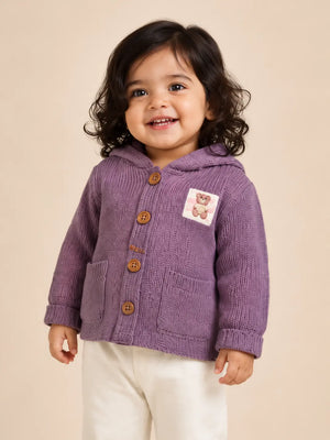 BloomUp Dusty Mauve Knitted Hooded Cardigan for Baby Girls – Soft Winter Button-Down Sweater