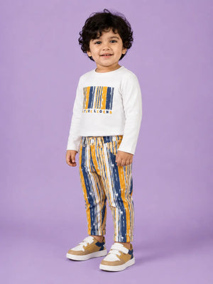 BloomUp White Future Legend Graphic Co-ord Set for Baby Boys – Soft Full Sleeve T-Shirt & Striped Pants Kids Outfit