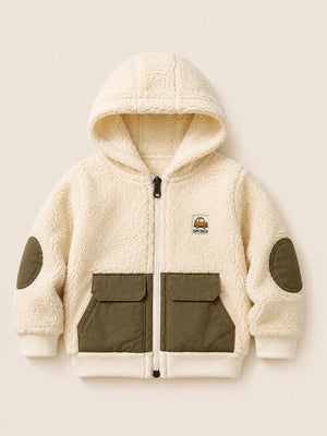 BloomUp Cream Sherpa Hooded Winter Jacket for Baby Boys – Soft Fleece Zip-Up Outerwear