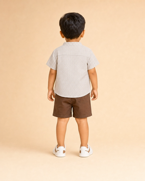Beige Checkered 3-Piece Shirt, T-Shirt & Shorts Set for Boys – Casual Summer Outfit BloomUp