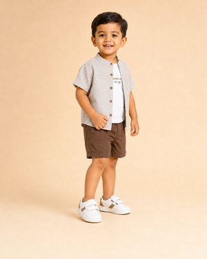 Beige Checkered 3-Piece Shirt, T-Shirt & Shorts Set for Boys – Casual Summer Outfit BloomUp