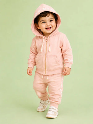 BloomUp Peach Pink Zip-Up Hoodie Co-ord Set for Kids – Soft Cotton Winter Wear Tracksuit Outfit