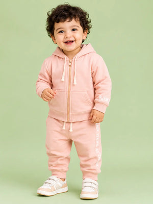 BloomUp Peach Pink Zip-Up Hoodie Co-ord Set for Kids – Soft Cotton Winter Wear Tracksuit Outfit