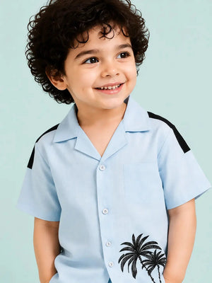 BloomUp Sky Blue Palm Tree Shirt & Shorts Co-ord Set for Baby Boys – Soft Cotton Summer Outfit