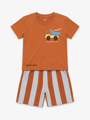 BloomUp Rust Graphic T-Shirt & Striped Shorts Set for Boys – Soft Cotton Casual Summer Outfit