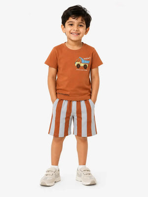BloomUp Rust Graphic T-Shirt & Striped Shorts Set for Boys – Soft Cotton Casual Summer Outfit