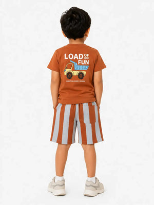 BloomUp Rust Graphic T-Shirt & Striped Shorts Set for Boys – Soft Cotton Casual Summer Outfit