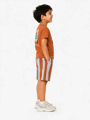 BloomUp Rust Graphic T-Shirt & Striped Shorts Set for Boys – Soft Cotton Casual Summer Outfit