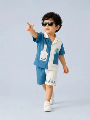 BloomUp Blue Color Block Co-ord Set for Boys – Soft Cotton Casual Summer Outfit